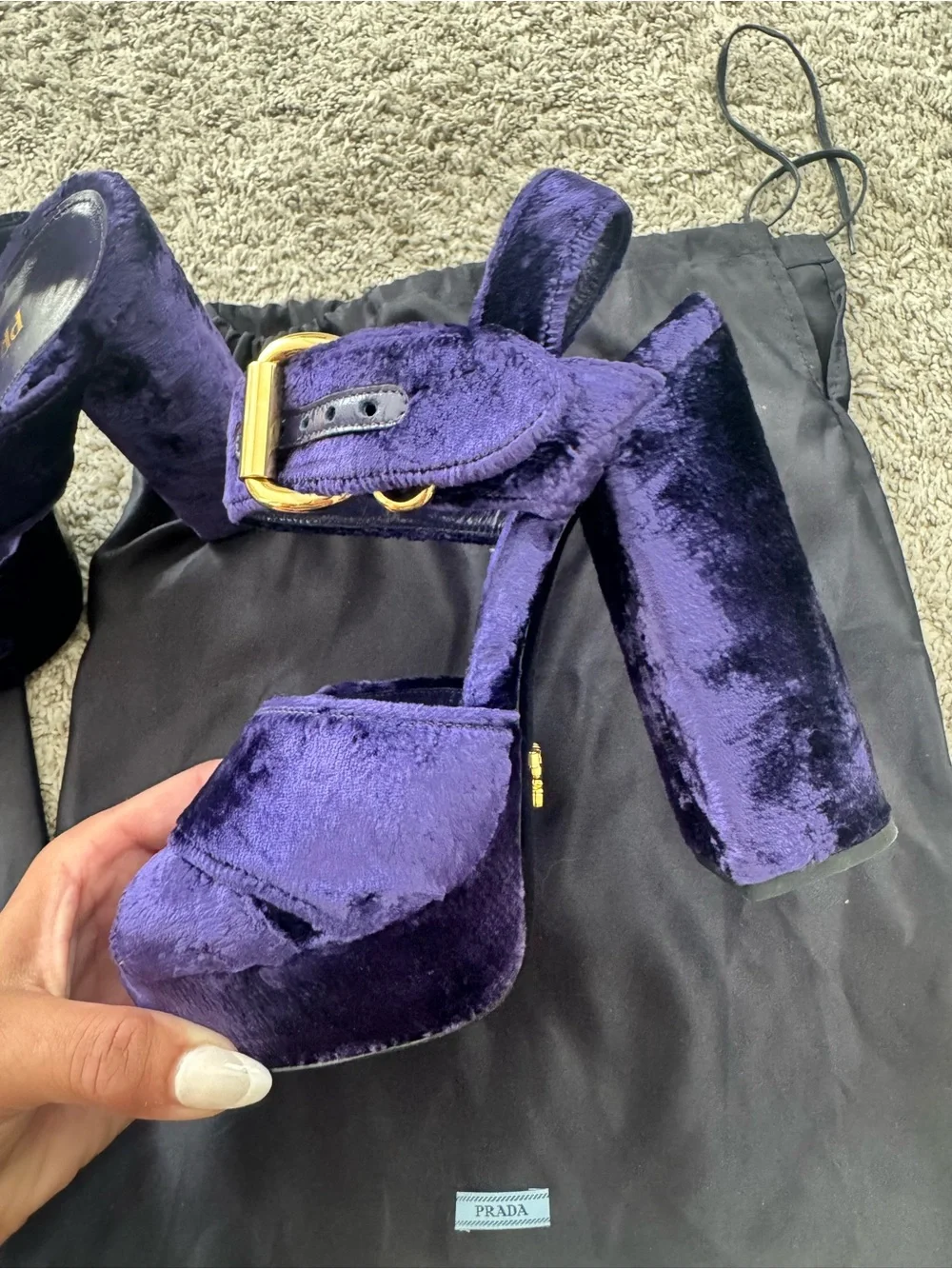 Prada Purple Velvet Platform Heels with Gold Buckle